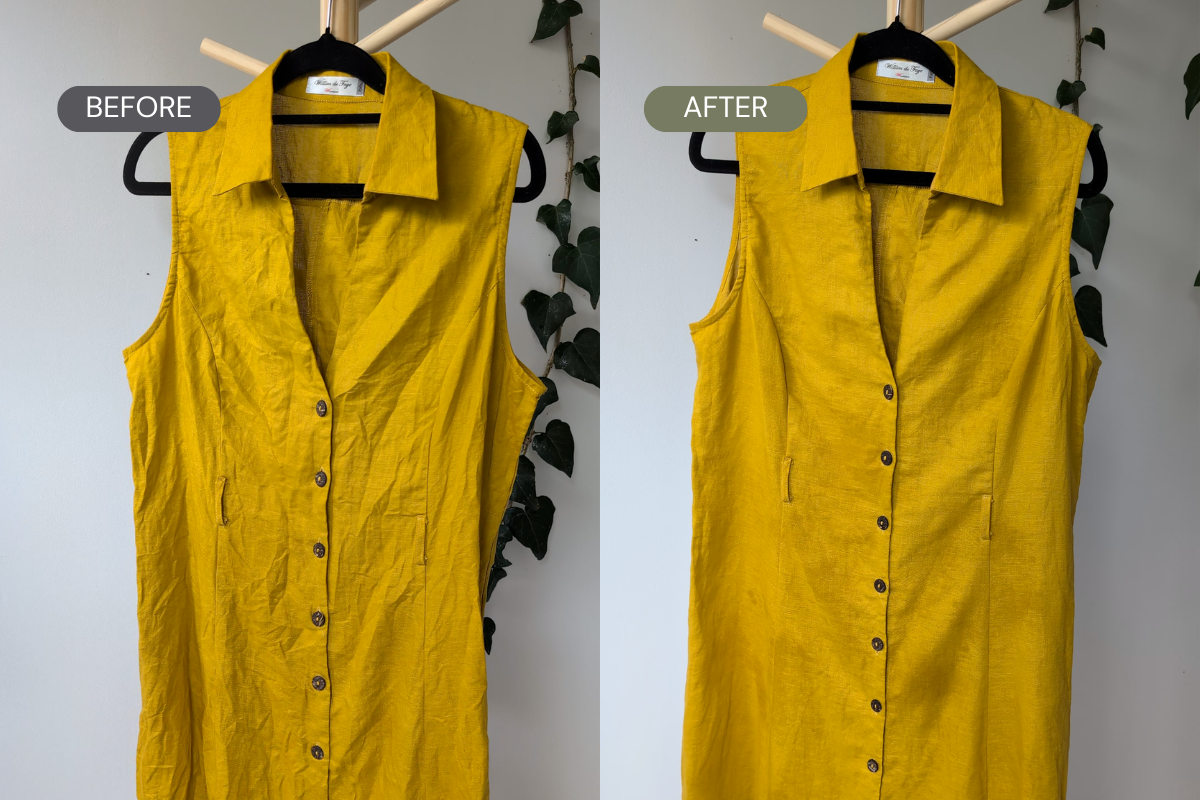 A side-by-side before and after comparison of a sleeveless mustard yellow linen shirt dress hanging on a wooden hanger against a white wall with green ivy vines. The left side is labeled 'BEFORE' and shows the dress in a wrinkled state, while the right side is labeled 'AFTER' and shows it smoother with no wrinkles.